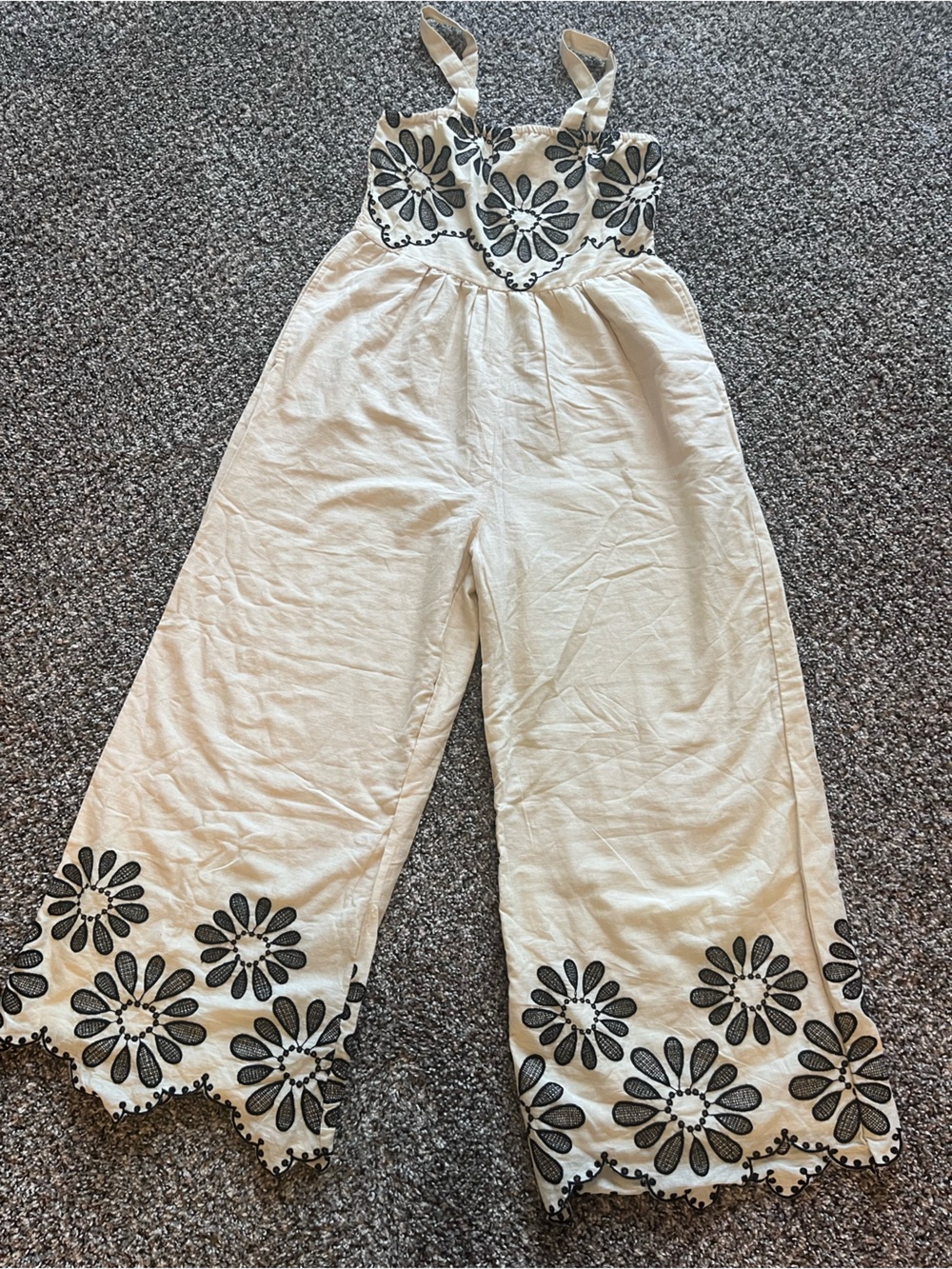 Cream Embroidered Floral Wide-Leg Jumpsuit